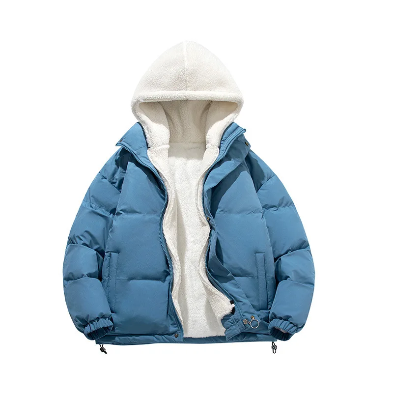 Winter Men Plush Jacket Long Sleeve Zipper Hooded Man Fake Two-piece Coat Thicken Fleece Cold-proof Loose Male Outerwear