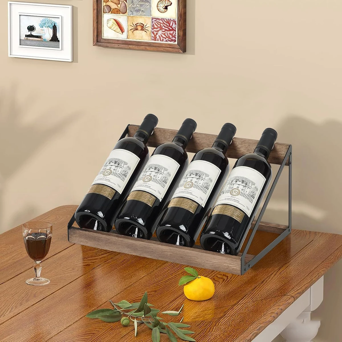 Wooden Red Wine Rack Desktop Slanted Wine Display Rack Iron Wood Combined with Multiple Red Wine Bottle Storage Rack