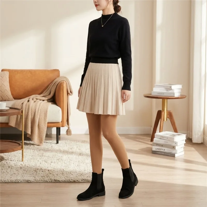 Winter Knitted Pleated Skirt for Women, High Waist A-Line Sweater Dress, Slimming and Tummy Control, 2026 Fashion for Petite