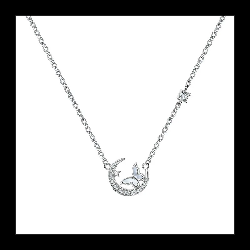 Ins رائجة البيع الهلال القمر نجمة فراشة شكل قلادة ضوء فاخر S925 الفضة الأم قذيفة تصميم الترقوة سلسلة الزركون ne