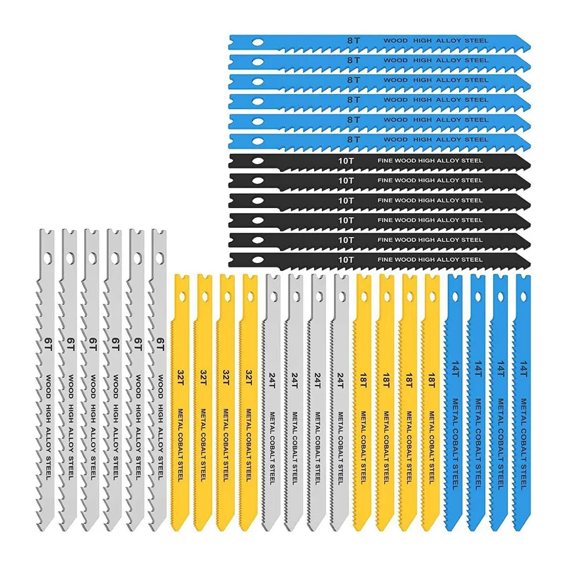 34Pcs Jig Saw Blade Set High Carbon Steel Assorted Saw Blades Cut Jigsaw Blade for Wood Metal Plastic Cutting