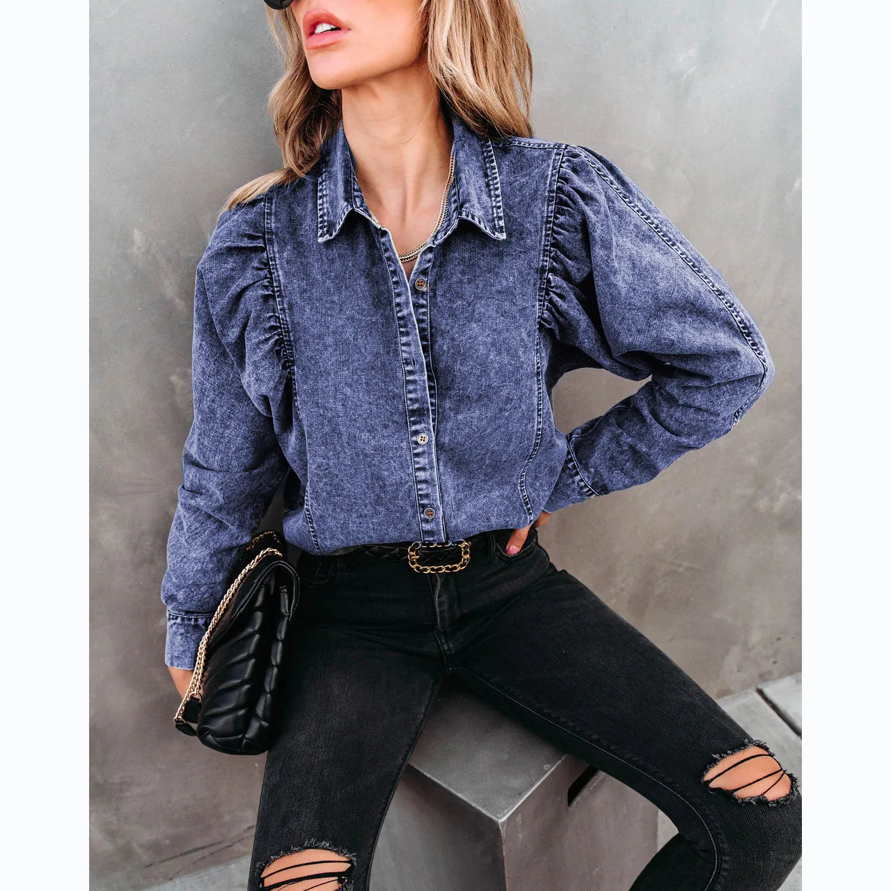 Women\'s New Autumn and Winter Lapel Casual Fashion Street Style Denim Shirt, Loose To Do Old Single-breasted Denim Shirt Y2k