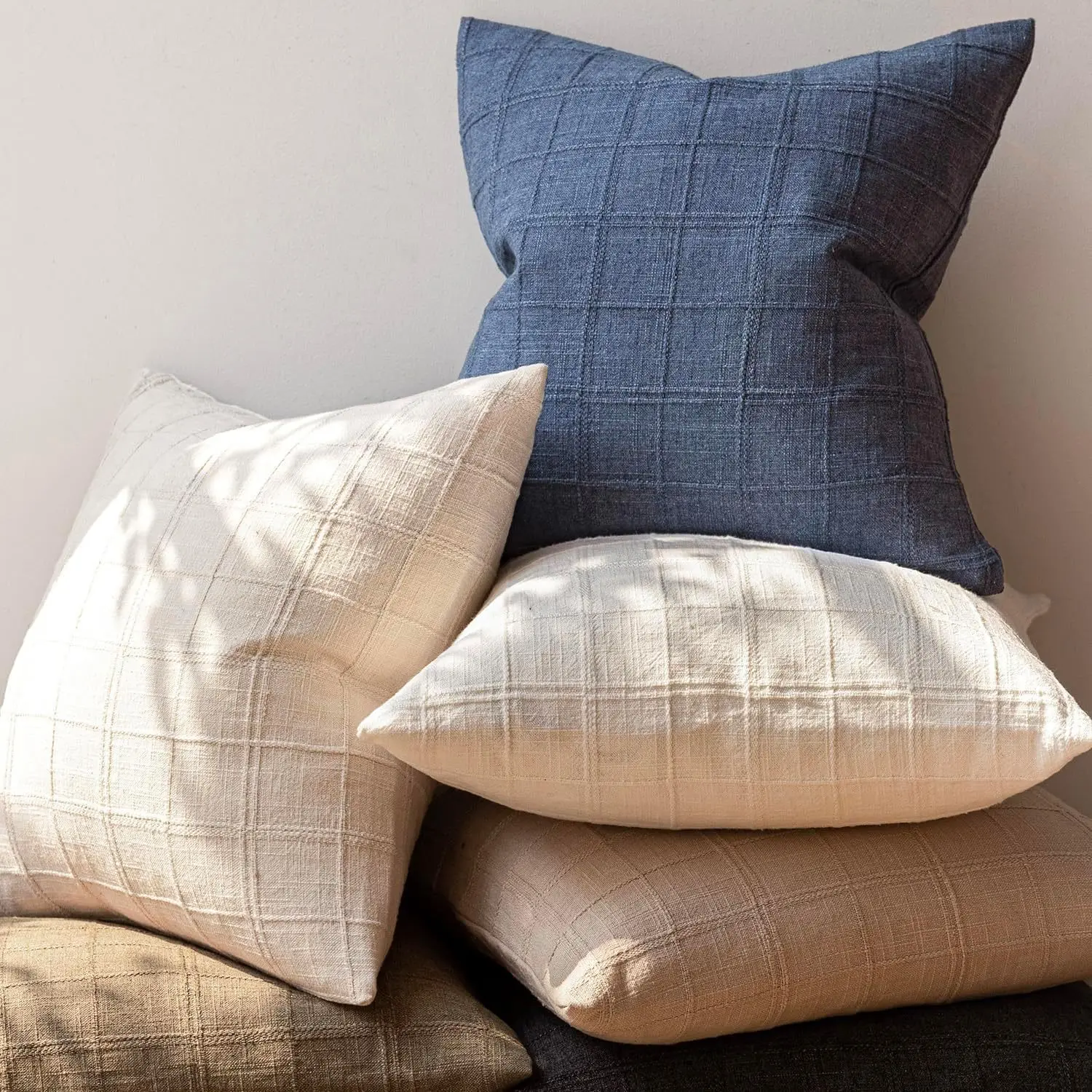 Solid Checked Cushion Cover  White Grey Blue Green Ivory Autumn Decoration Home Sofa Couch Bed Chair 40x40cm 45x45cm 50x50cm