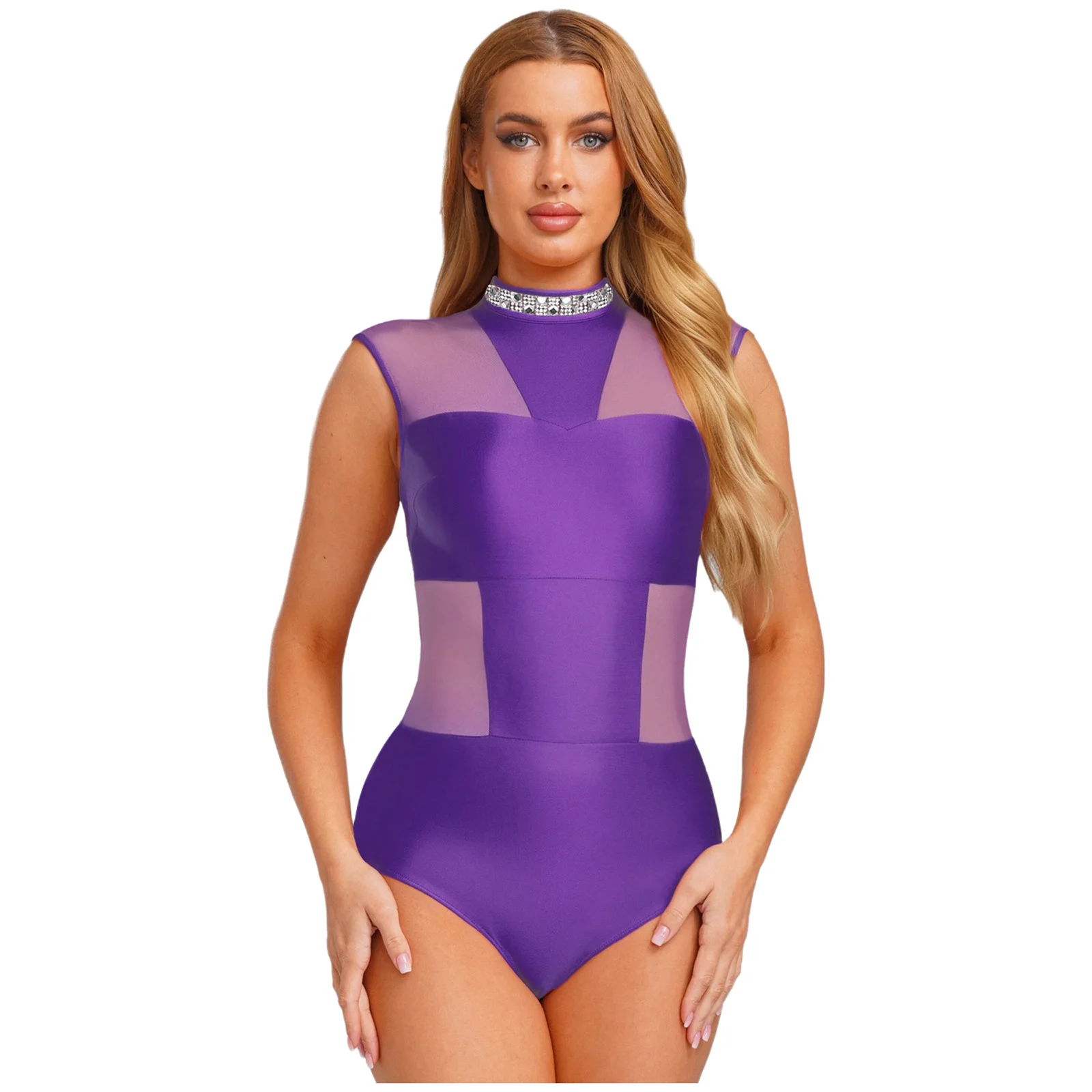 

Womens Mesh Patchwork Dance Leotard Lyrical Latin Ballet Performance Costumes Sleeveless Backless Skinny Bodysuit Gymnastic Wear