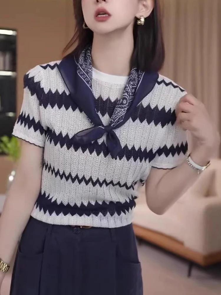 

Мягкий, комфортный, приятный для кожи трикотажный летний повседневный топ из ледяного шелка с коротким рукавом, в полоску, для ношения под одеждой