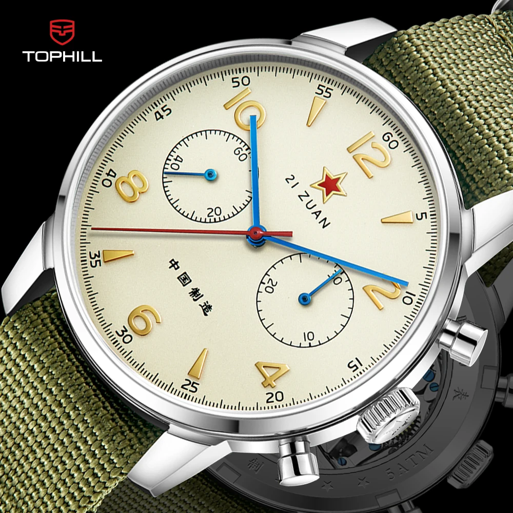 TOPHILL China Aviation 1963 Watch for Men Seagull ST1901 Movement Mechanical Chronograph Watches 50M Waterproof Sapphire Fashion