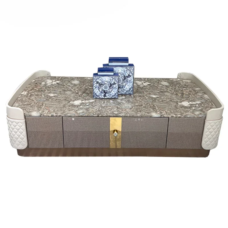 

~postmodern coffee table high-end large apartment marble luxury stone countertop metal solid wood living room long coffee table