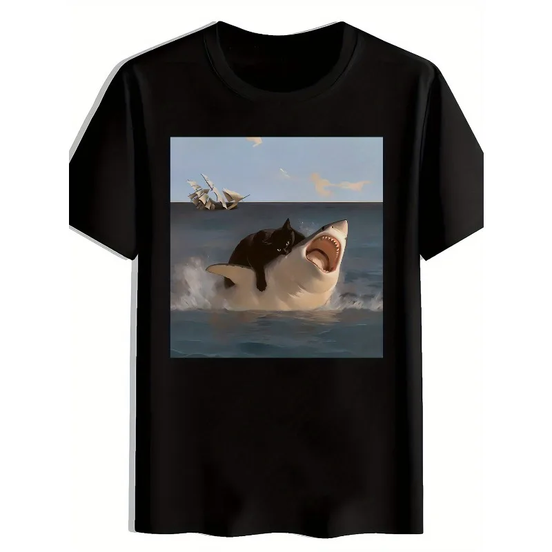 Black Cat Suppressing Great White Shark Emojis Printed Neutral Casual Round Neck T-shirt Creative Teasing Cotton T-shirt