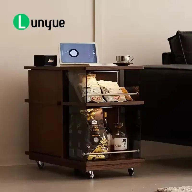 Modern Luxury Solid Wood Coffee Table with Storage Cart Set Movable Living Room Furniture Black White Customizable Size