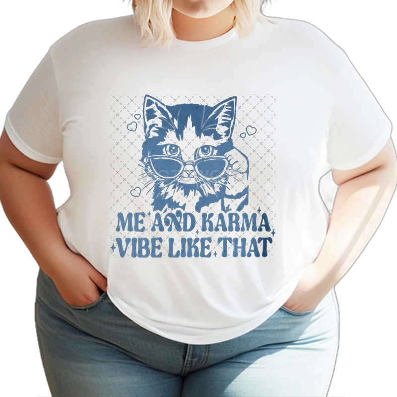 Me and Karma Vibe Like That Shirt Women Midnights Cat Vintage Retro Crew Neck T-shirt Fan Gift Cat Owner Cute Oversized T Shirt