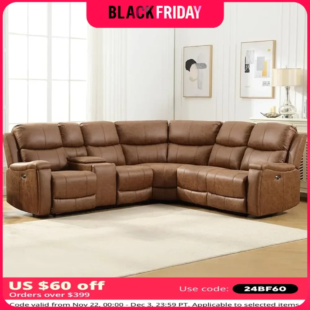 Recliner, Reclining Sectional Sofa with Console& Dual Recliner, 6 Seats Recliner Sofa with Cup Holder& USB Port, Sectional Couch