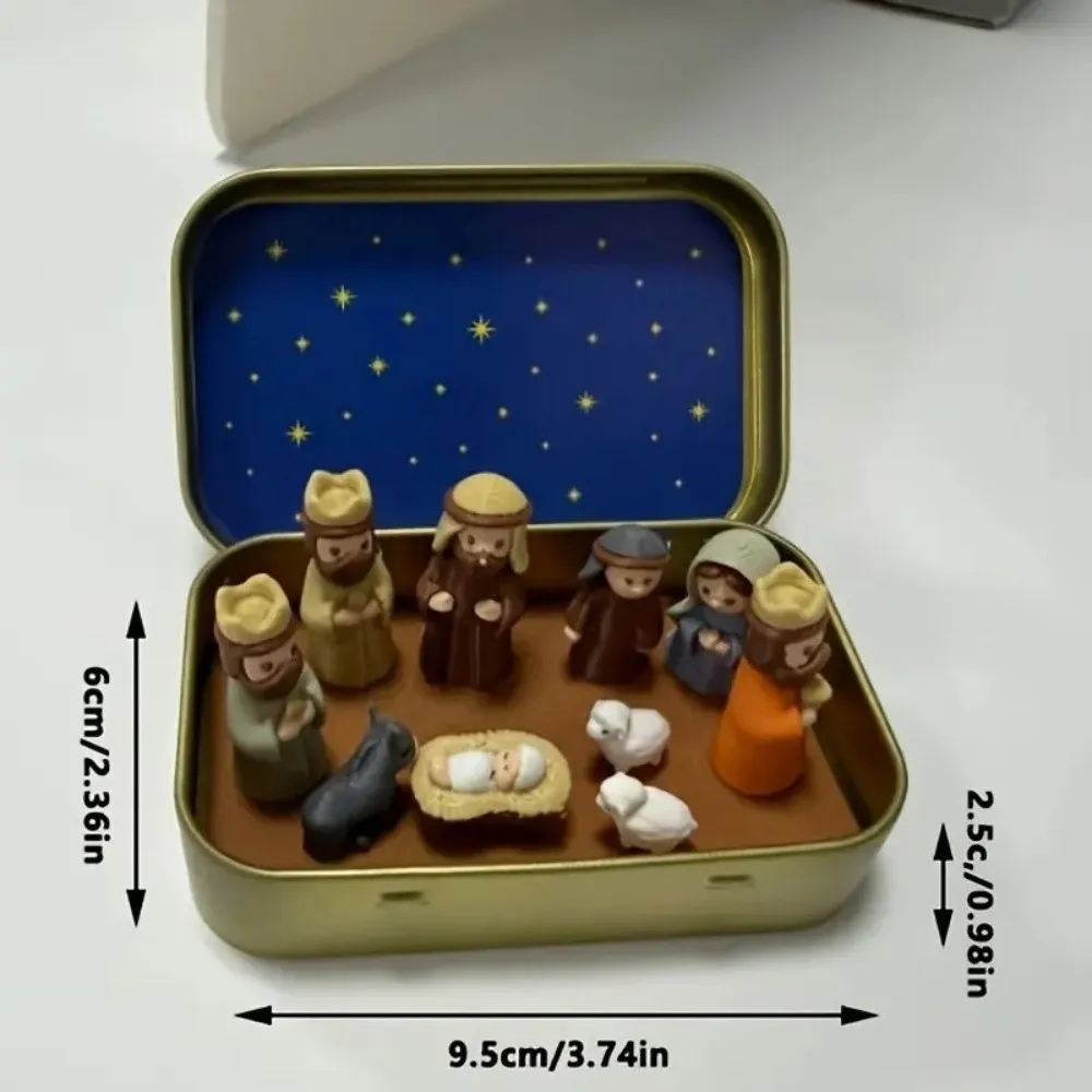1 Set 3D Printed Christmas Nativity Set Metal Tin Box Portable Storage Case Nativity Scene Mini Size Christmas Manger Figurines
