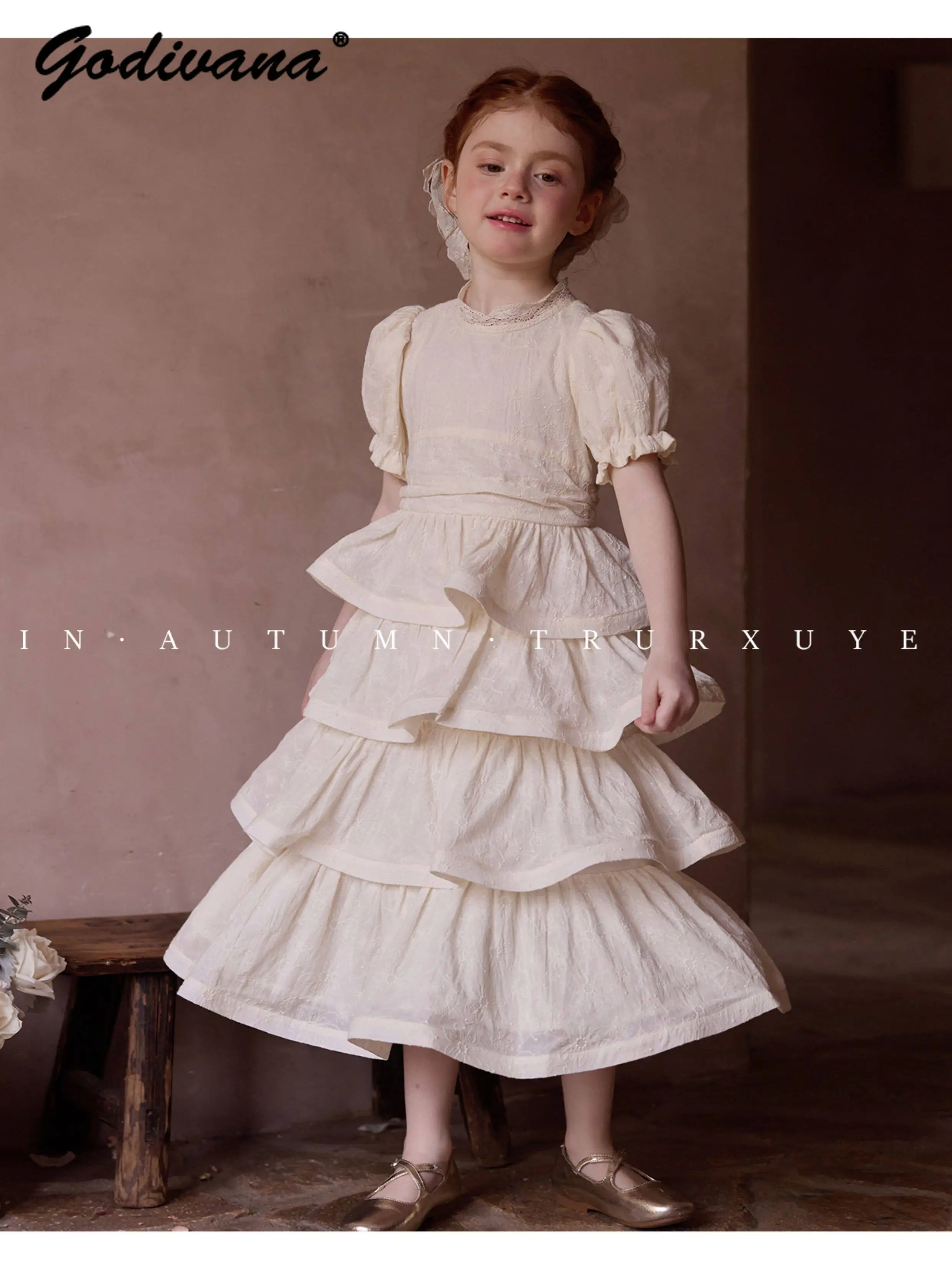 Baby Girls Vintage French Court Heavy Embroidered Cake Dress Kids Retro Puff Sleeve O-neck Pure Cotton Soft Birthday Party Gown