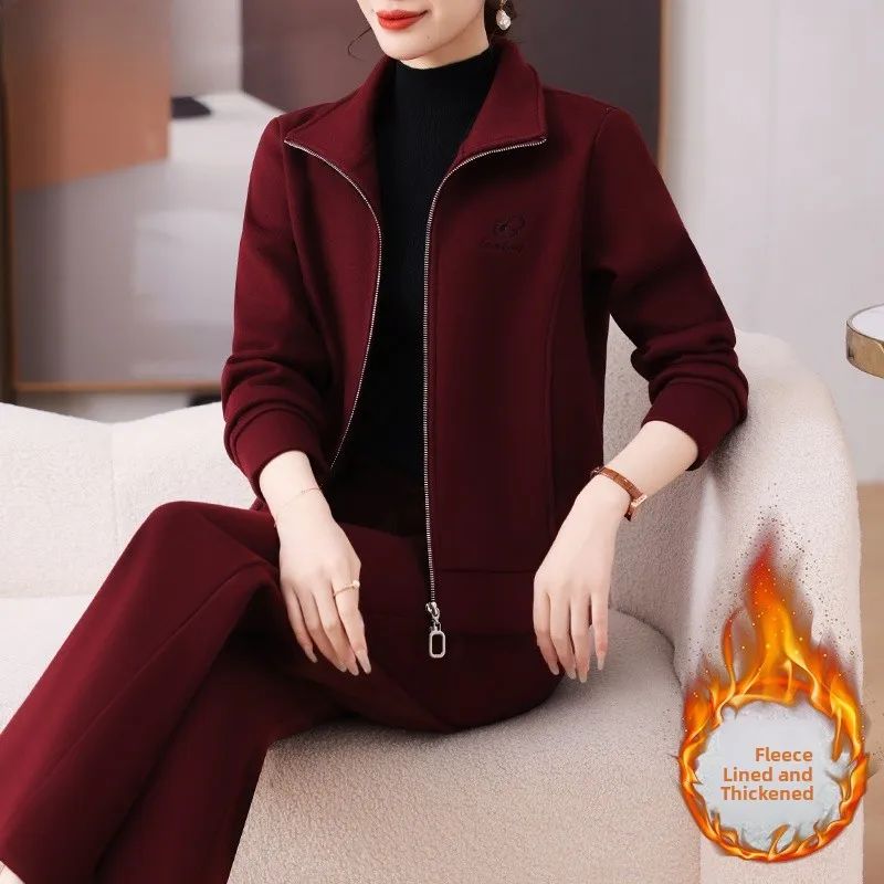 

Thiened Fce Winter Jaet Sportswear Set Women's Sli Middle-Aged And ly Autumn Winter Casual Top Two-Piece Set