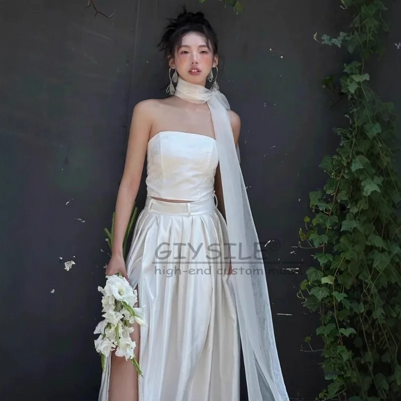 GIYSILE مخصص ثوب زفاف الضوء الأبيض 2025 موضة جديدة لواء النار مزاجه بسيط الساتان صديرية دائرية فساتين السهرة