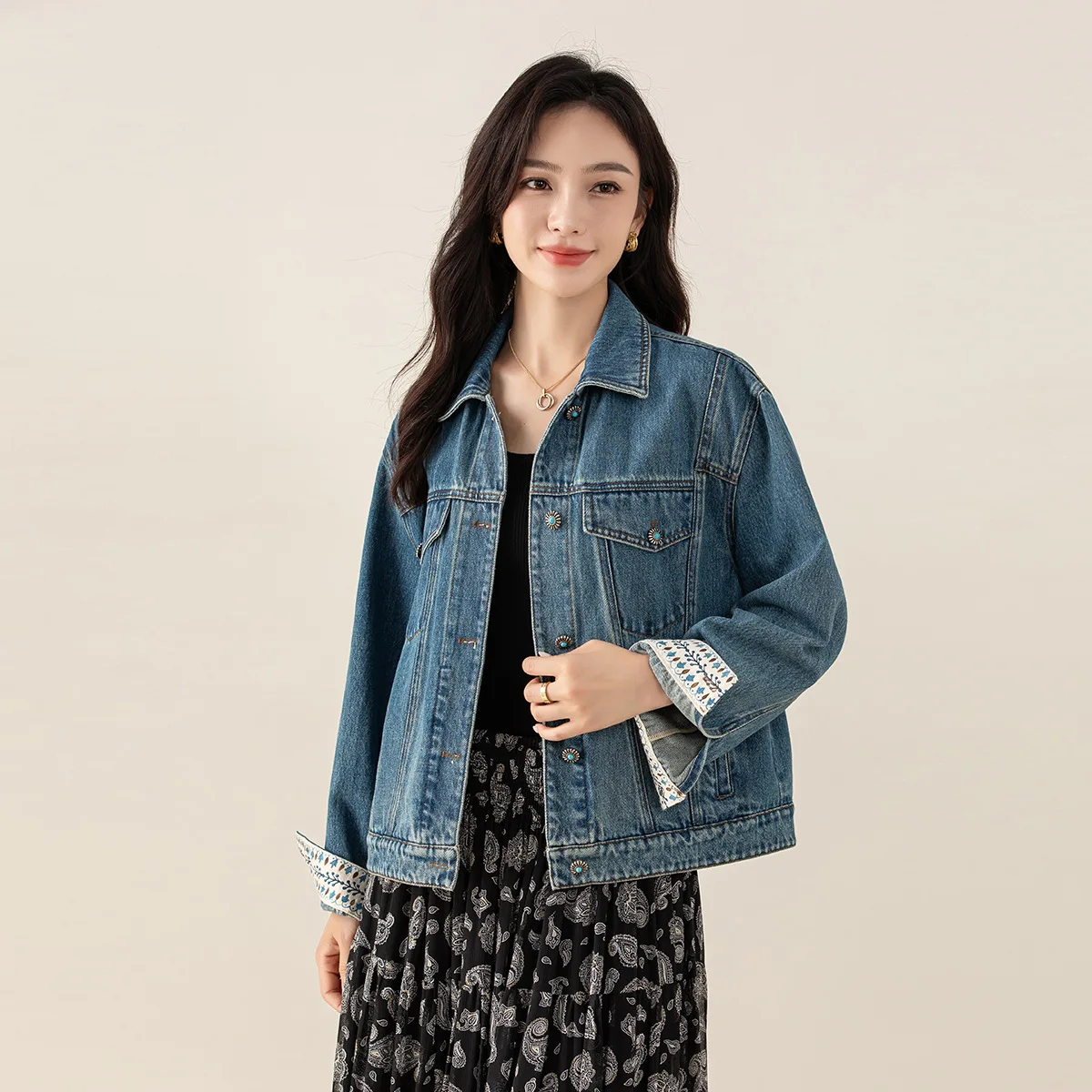

Autumn New Fashion Vintage Style Women's Blue Washed Casual Trendy Spliced Printed Long Sleeve Turn-down Collar Jean Denim Coats