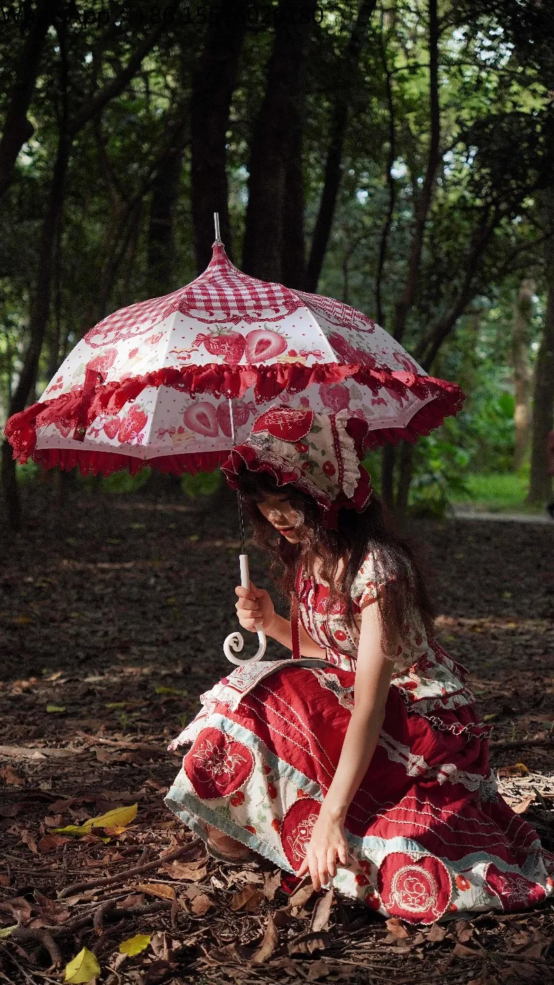 Sweetheart Strawberry Pattern Manual Pagoda Umbrella Red Long-Handled Sunny Rain Print for All Weather