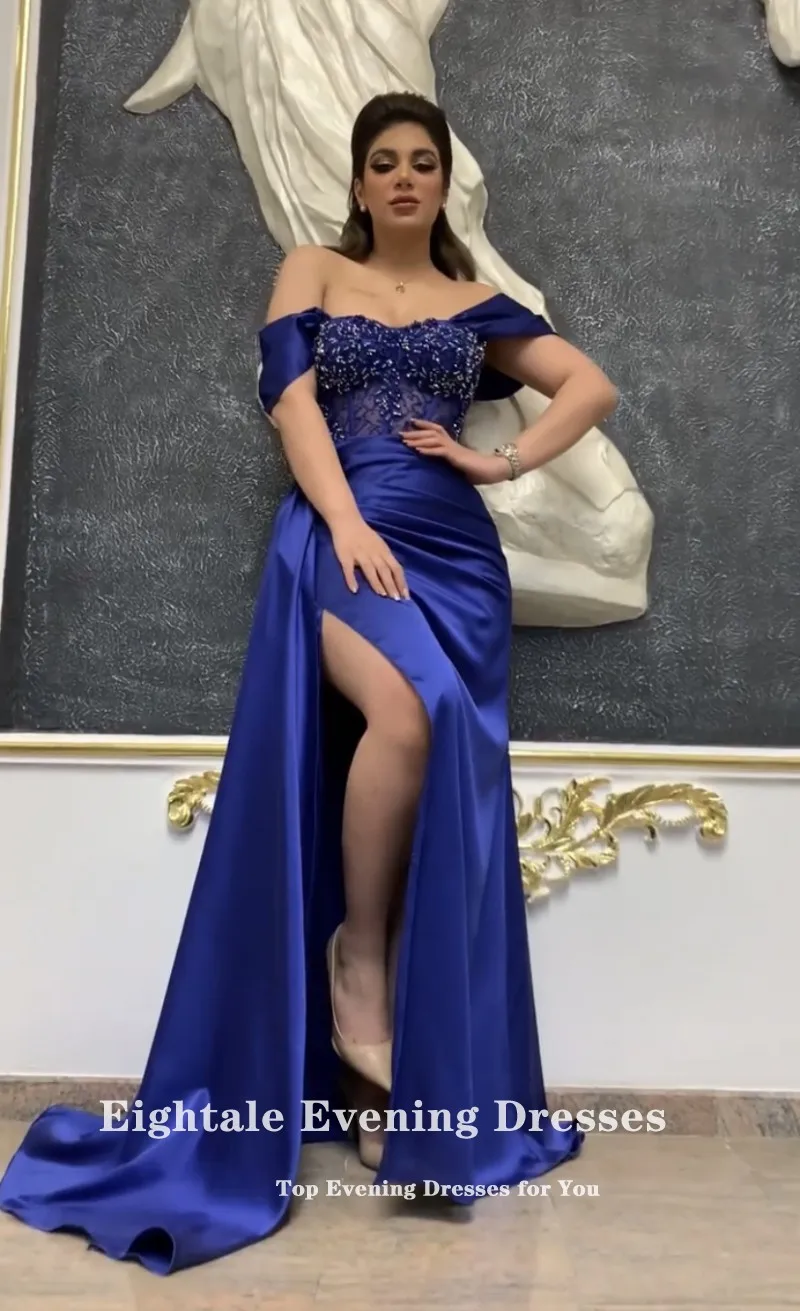 Eightale Blauw Avondjurk Voor Wedding Party Satin Kralen Applicaties Uit De Schouder Vintage Mermaid Prom Jassen Celebrity Dress