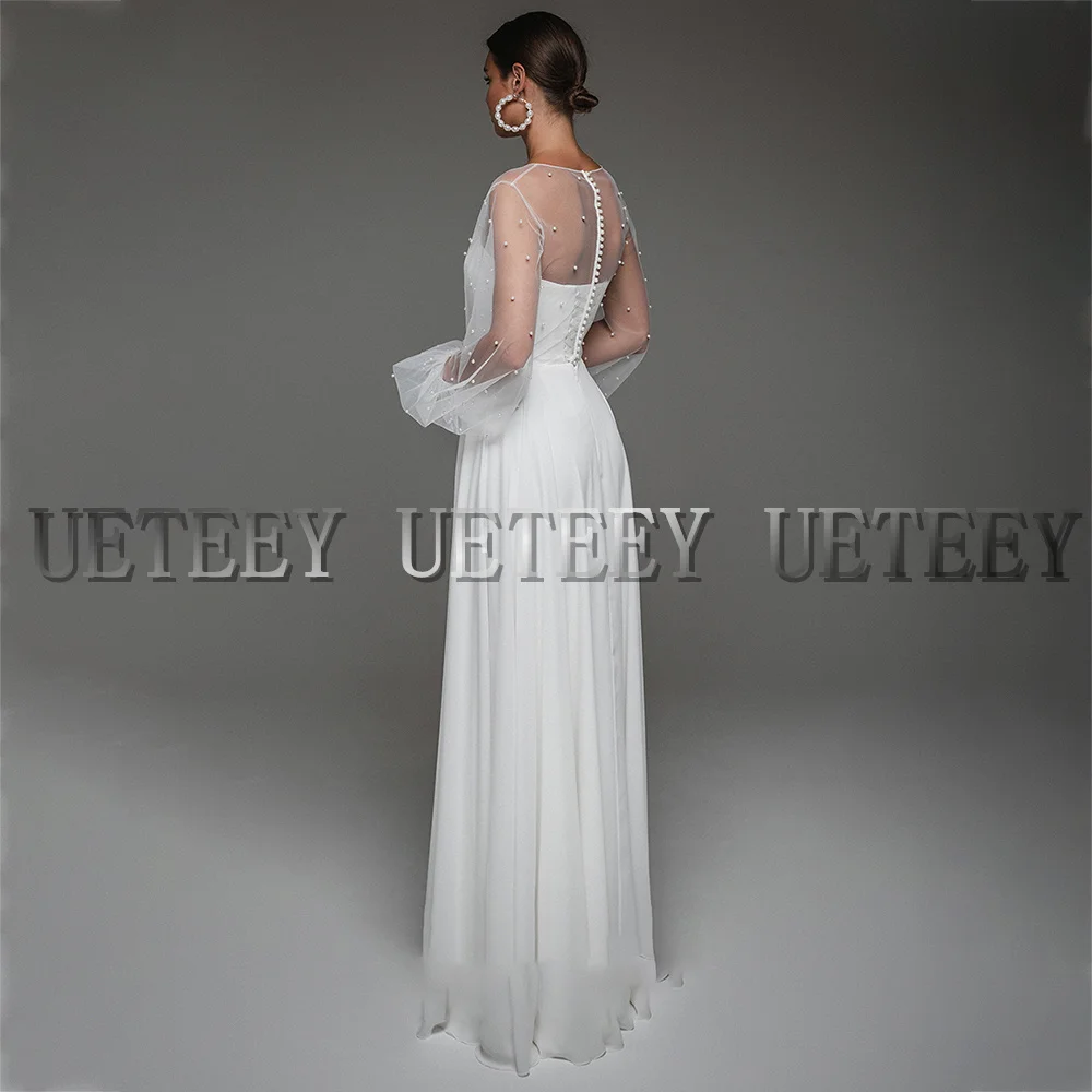 Customized Modern Wedding Dresses Puffy Tulle Sleeves With Pearls Chiffon A-Line Bride Gowns Wedding Party Gown Side Slit