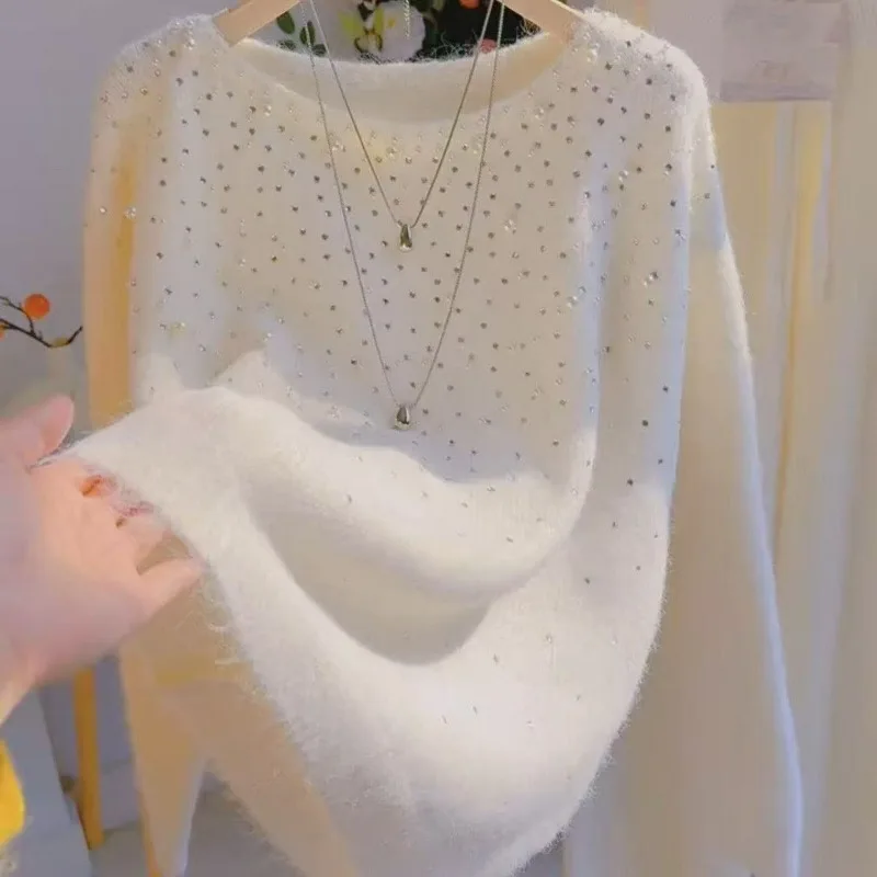 

A High-end Beaded and Diamond-encrusted Knitted Sweater Women's Spring Autumn New French-style Slimming Sweater for A Plump Girl