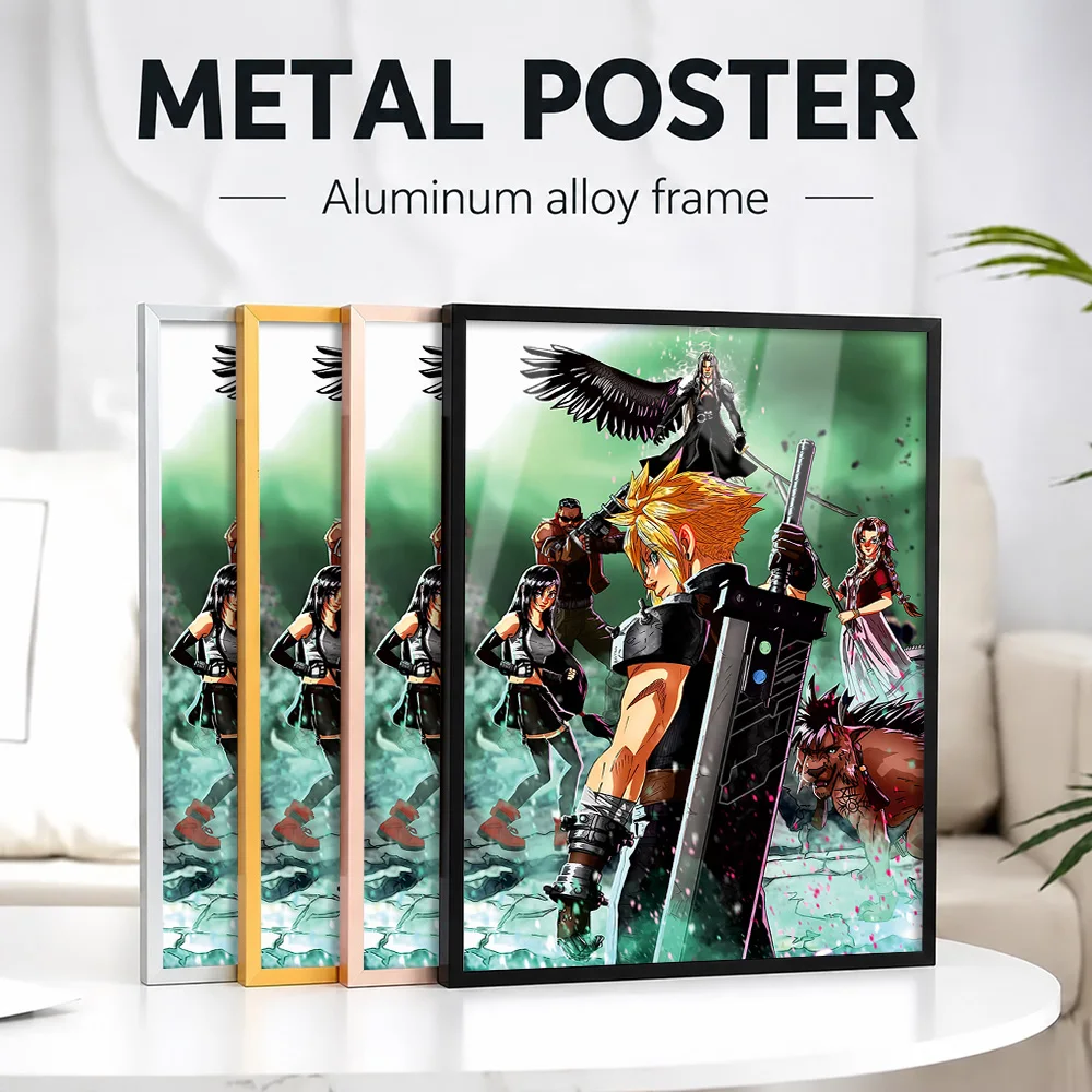 Final Fantasy VII Group Battle Scene Framed Metal Print Personalized Photo Enchanting Graphic Style Wall Art For Player Lounge