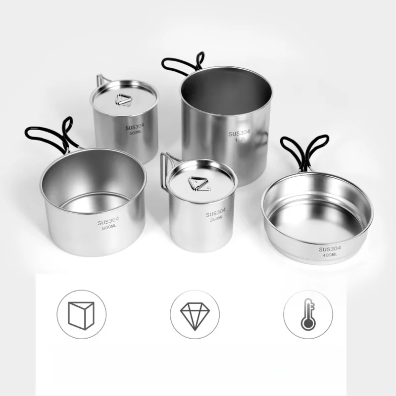 

5 шт./компл. посуда для кемпинга из нержавеющей стали 304, портативная уличная посуда, набор для барбекю, пикника, кастрюля, походный набор для приготовления пищи