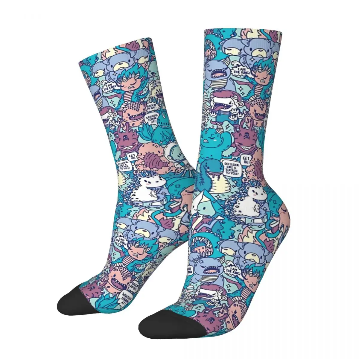 Funny Men's Socks Doodle Style Monster Characters Vintage Doodle Art Harajuku Casual Crew Sock Gift Pattern Printed