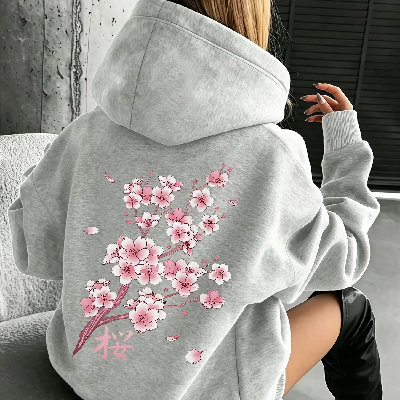Sakura Japanese Floral Pattern Print Y2K Retro Street Women's Autumn and Winter Long Sleeved Hooded Sweatshirt