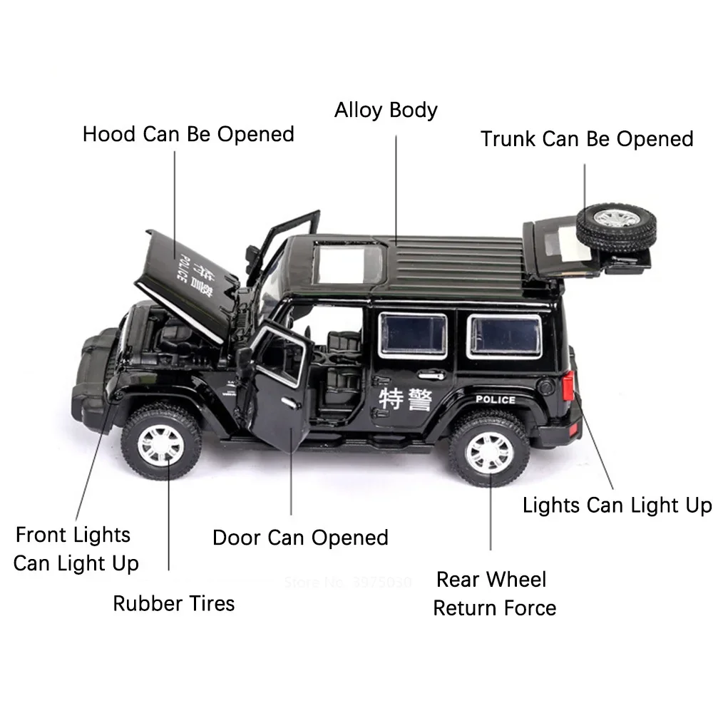 1:32 Scale Wrangler Rubicon Police Cars Models Alloy Diecast Toys 4 Doors Opened Car Wheel Pull Back Vehicles Anniversary Gifts