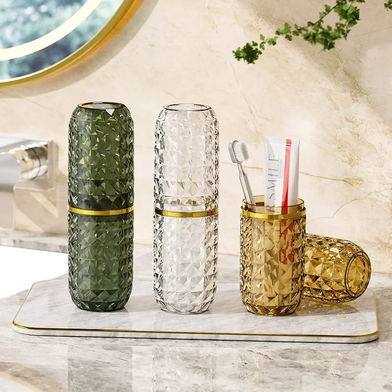 Light Luxury Diamond Pattern Travel Wash Cup Portable Toothbrush Cup Wash Mouth Cup Toilet Toothpaste Box Storage Set  1Set