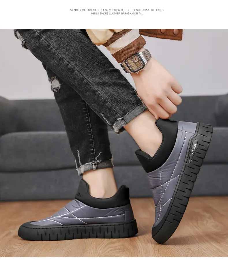 2023 New Men\'s Winter Snow Boots Thick Sole Non Slip Plush Warm Cotton Shoes Slip-On Flat Sole Elderly Casual Snow Shoes