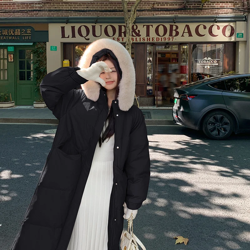 겨울 여성용 핑크 패딩 재킷 여성 롱 오버니 재킷 퍼 칼라 따뜻한 두꺼운 면 재킷 여성 파카 코트