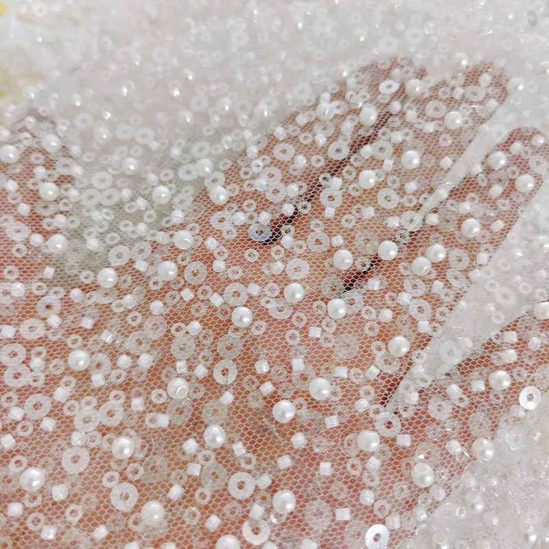 

Luxury Heavy Full Embroidered Pearl Sequin Lace Fabric Wedding Dress Hand-Sewn Beads Bridal Gown with Crystal Trims Material