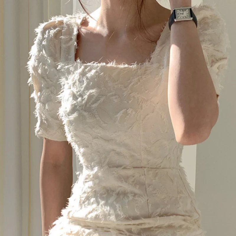 Women French Vintage Square Collar Tassel Hip White Dress Summer Short Sleeve Simple Korean Backless Slim Dress Vestido Feminino