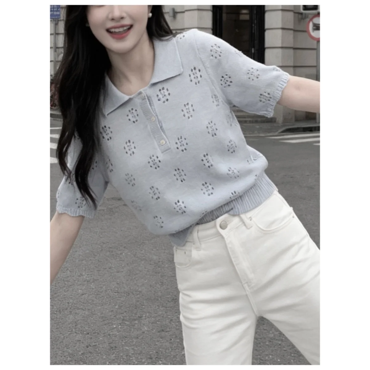 

Square Neck Woman Knitted Sweater Summer Elegant Polo Neck Casual Short-Sleeve Knit Pullovers Commuter Basic Knit Tops New