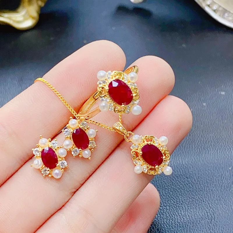 

925 Silver Unheated Natural Ruby Jewelry Set, Ring Earrings Necklace Gemstone Suite with Certificate