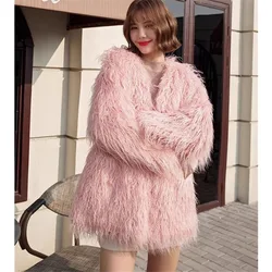 2023 V Neck Fluffy Pink Green Faux Fur Jacket Winter Oversize Long Faux Sheep Fur Coat Women Office Streetwear Fur Cozy Coats