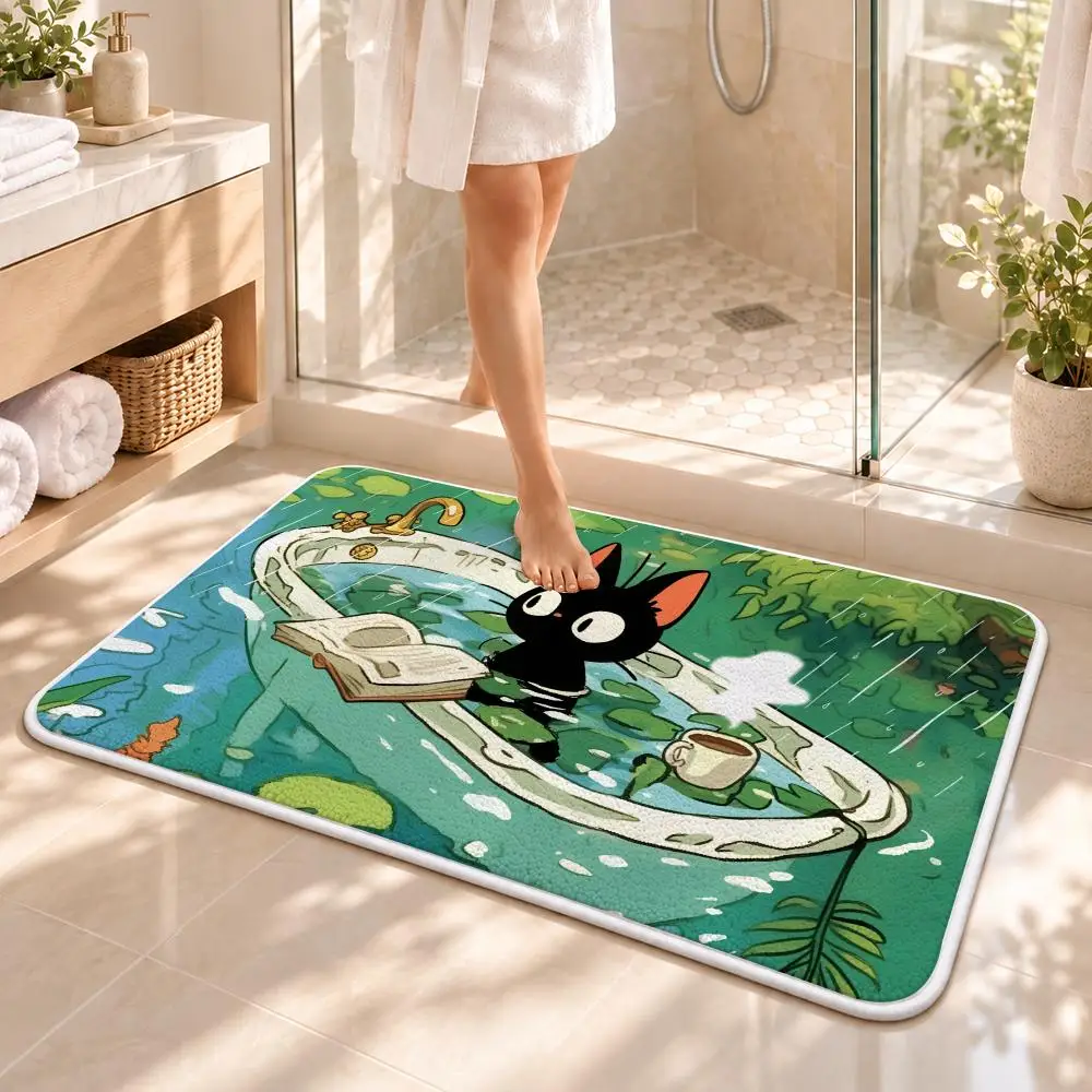 Cartoon Cat in Lotus Leaf Floor Mat Flannel Rug Soft Non Slip Washable Door Mat for Bathroom Bedroom Kitchen Home Decor 2