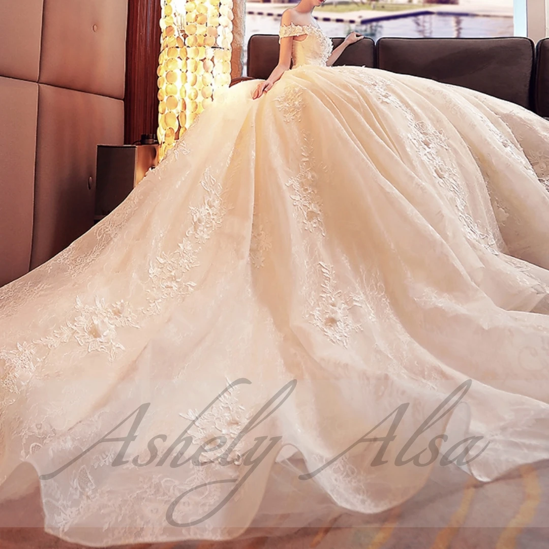 Vestido De novia De princesa elegante para mujer, Vestido De baile sin hombros, apliques De flores, Vestido De novia con cordones