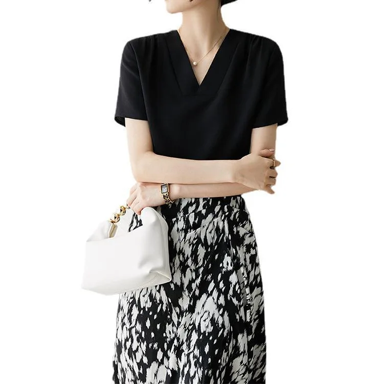 Light Luxury Elastic Heavy Crepe Silk T-shirt White Black Summer Women's Collar Small Top