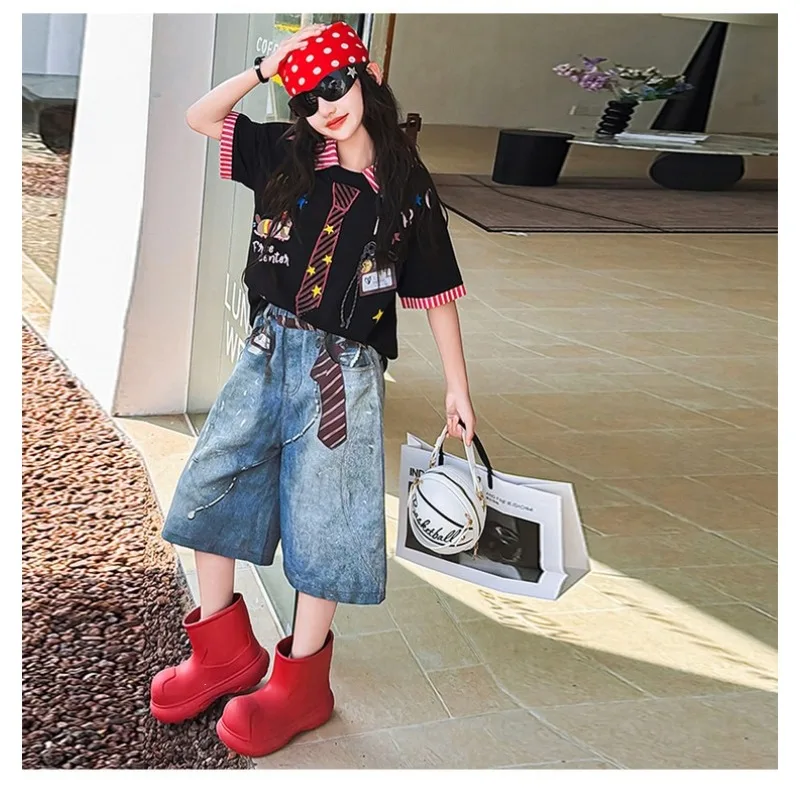 

Girls Summer American Fake Two-piece PoIo Collar Short-sleeved Denim Cropped Pants Thin Two-piece Set Children's Trendy Clothes