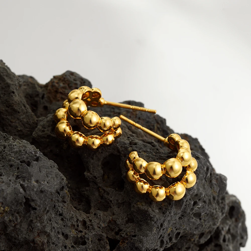 Punk Double Layer Small Beads Ball C Shape Hollow Stud Earrings for Women Stainless Steel Personalized Fashion Jewelry