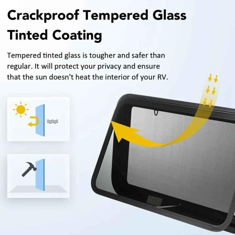 نافذة خروج RV من الألومنيوم 30 وات × 20 ساعة لمقطورات البضائع والمخيمات ومقطورات السفر مع شاشة وزجاج مقسى