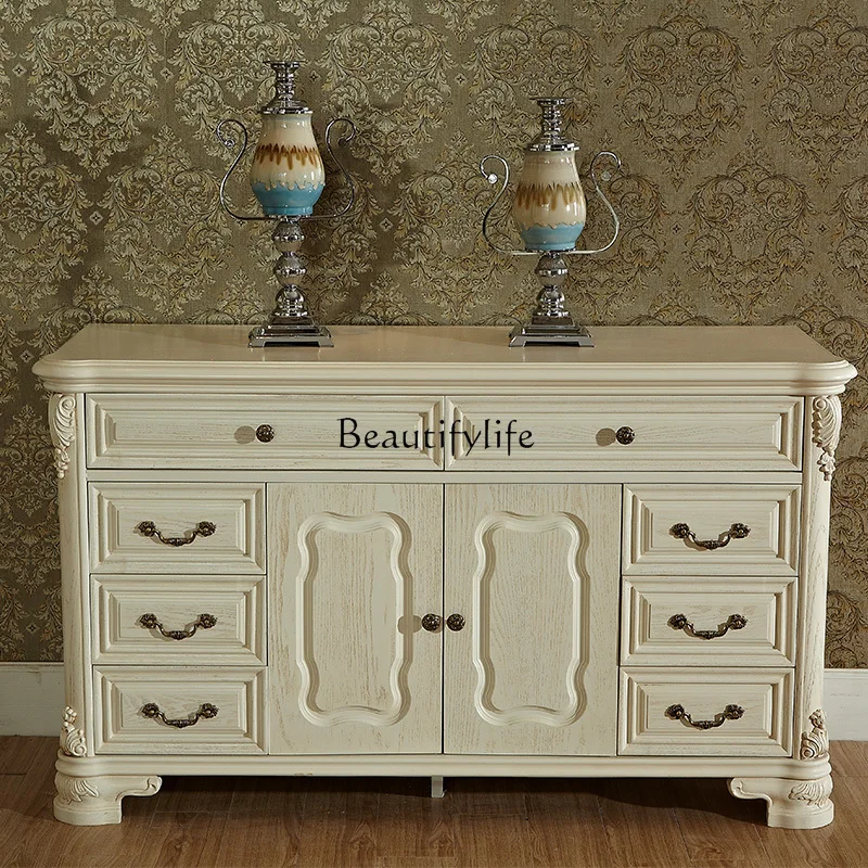 Solid Wood TV White Antique Storage Cabinet Pastoral Style Low Cabinet with Drawer