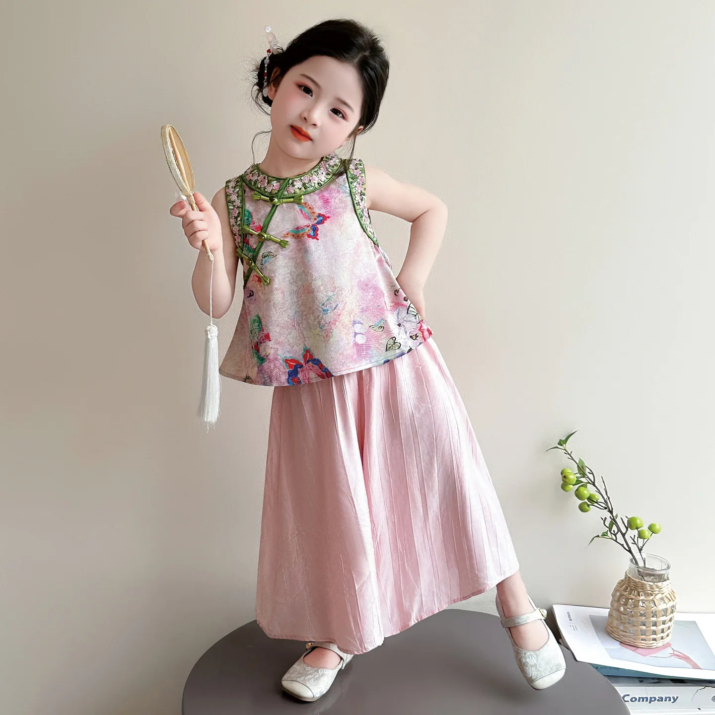 Summer Girls' Chinese Style 2-Piece Outfit Kids Butterfly Print Sleeveless Top & Maxi Skirt Traditional Costume for Toddlers