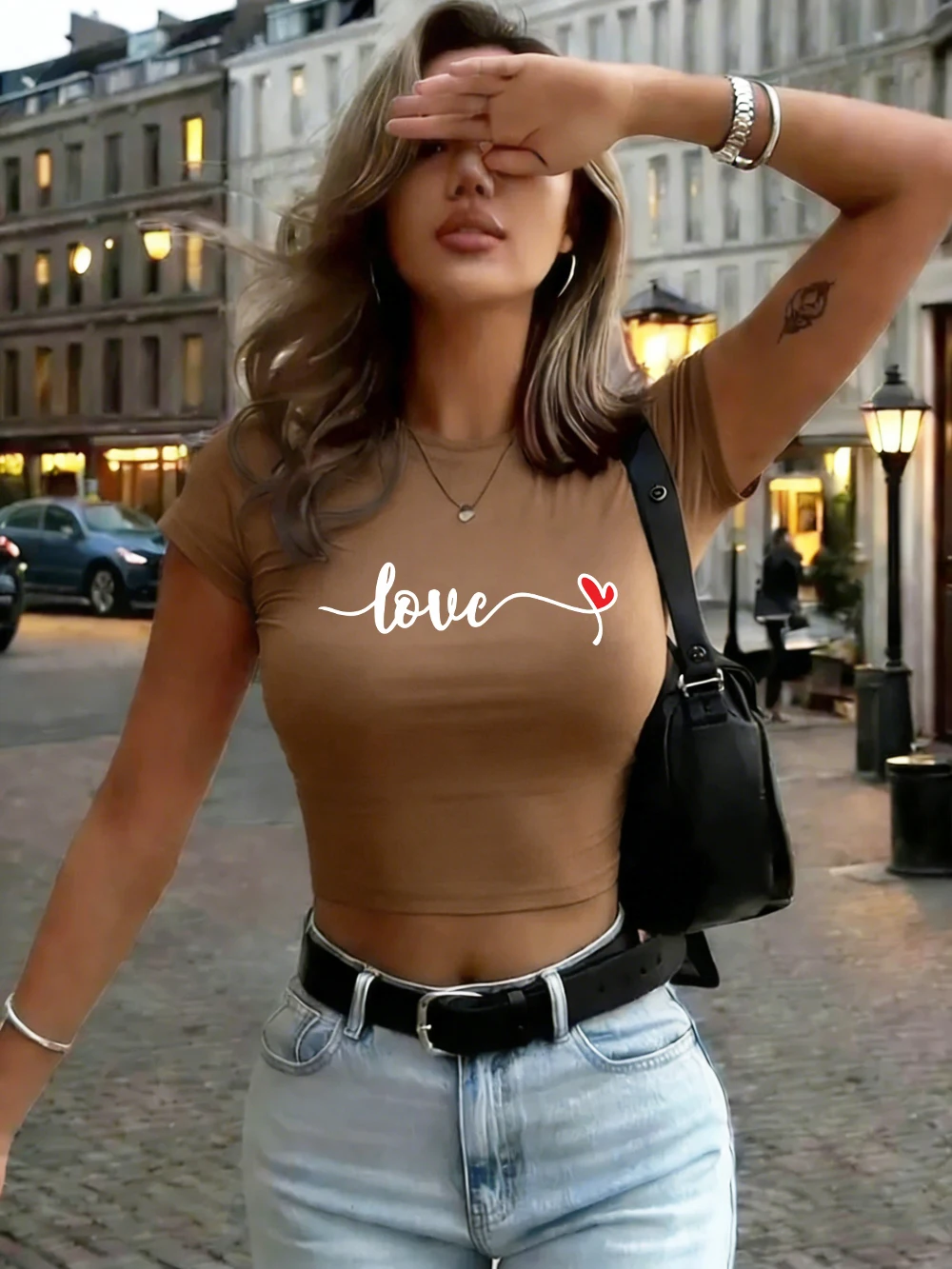 Herz Liebe Brief Druck Frauen Crop T-Shirts Sommer Weiche Hohe Elastische Tops Y2K Dünne Streetwear Bequeme Oansatz Kleidung