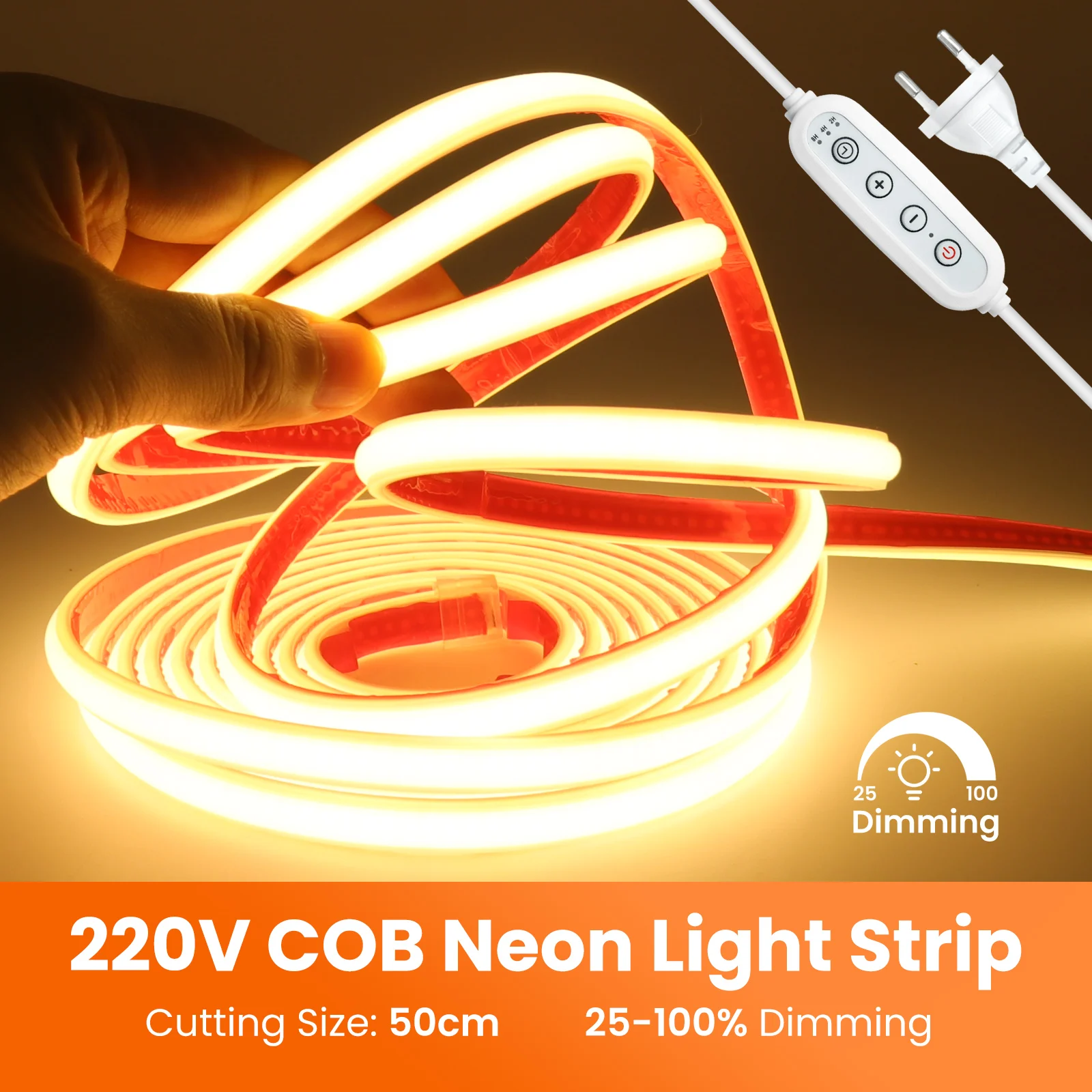 AC 220V Timing Dimmable COB Neon Strip EU Kit 288LEDs/M IP65 Waterproof 3000K/4000K/6000K Flexible LED Light for Home Decoration
