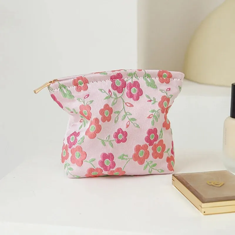 Women\'s Cosmetic Bag Small Pink Flowers Large Capacity Cosmetic Lipstick Storage Bag Portable Coin Purse Commuter Clutch Ins