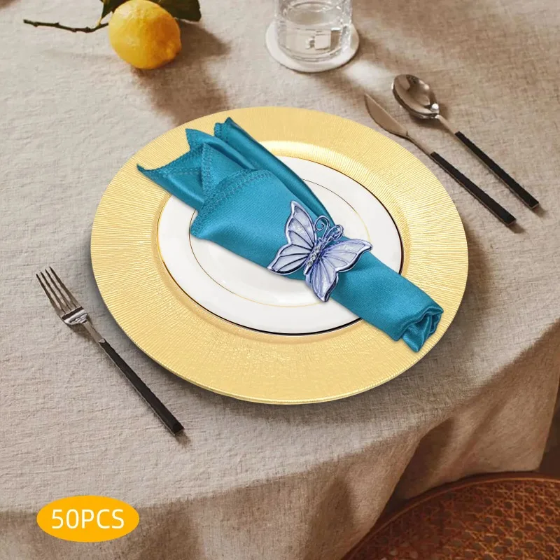 50 Pcs Gold Charger Plates Set Round Dinner Plates Serving Plates Table Setting Salad Reef Plate Pad for Wedding Dinner Decor