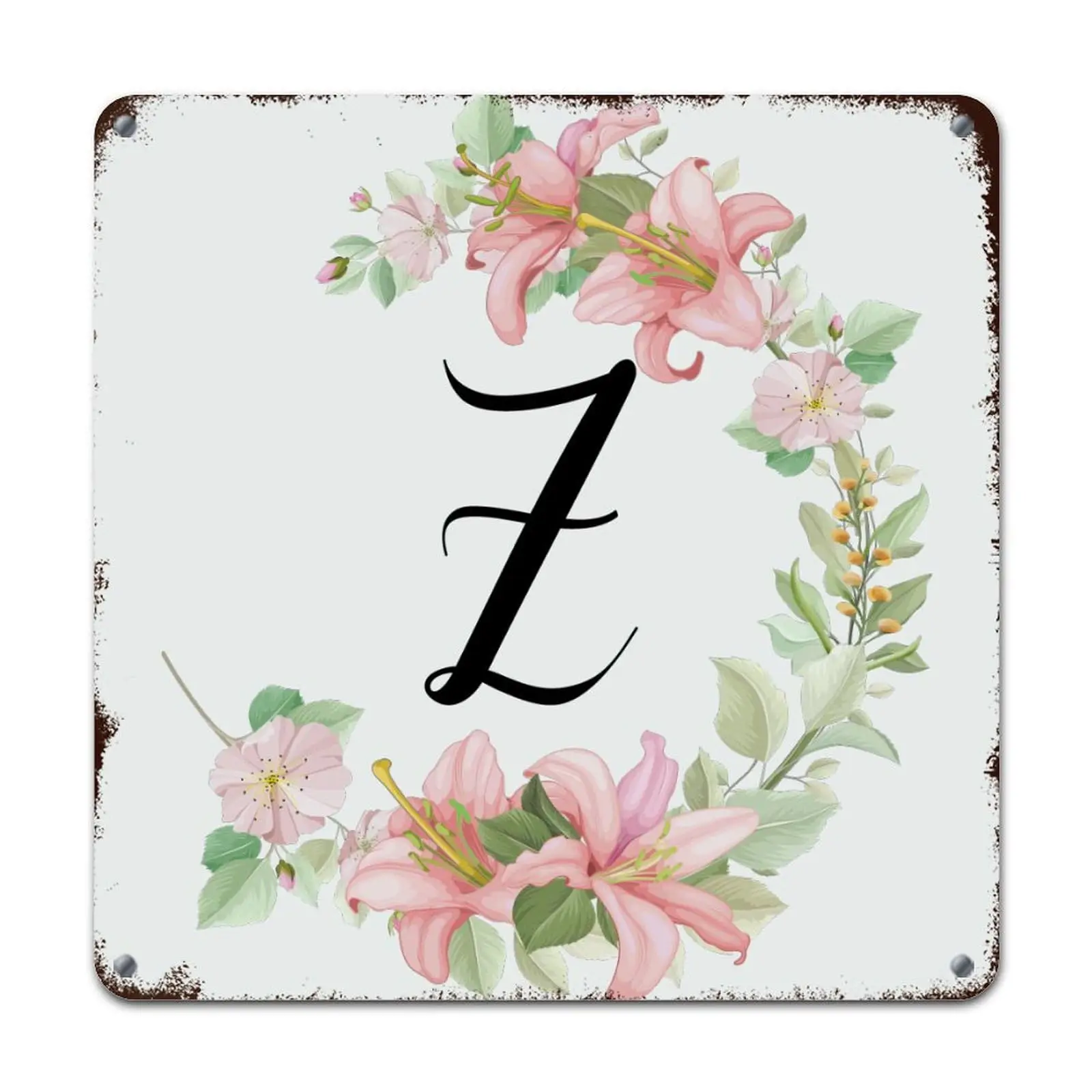 WoGuangis Metal Tin Sign Wall Plaque Lily Wreath Pink Letter Z Sign Monogram Initial with Flower Retro Vintage Art Wall Plaque P